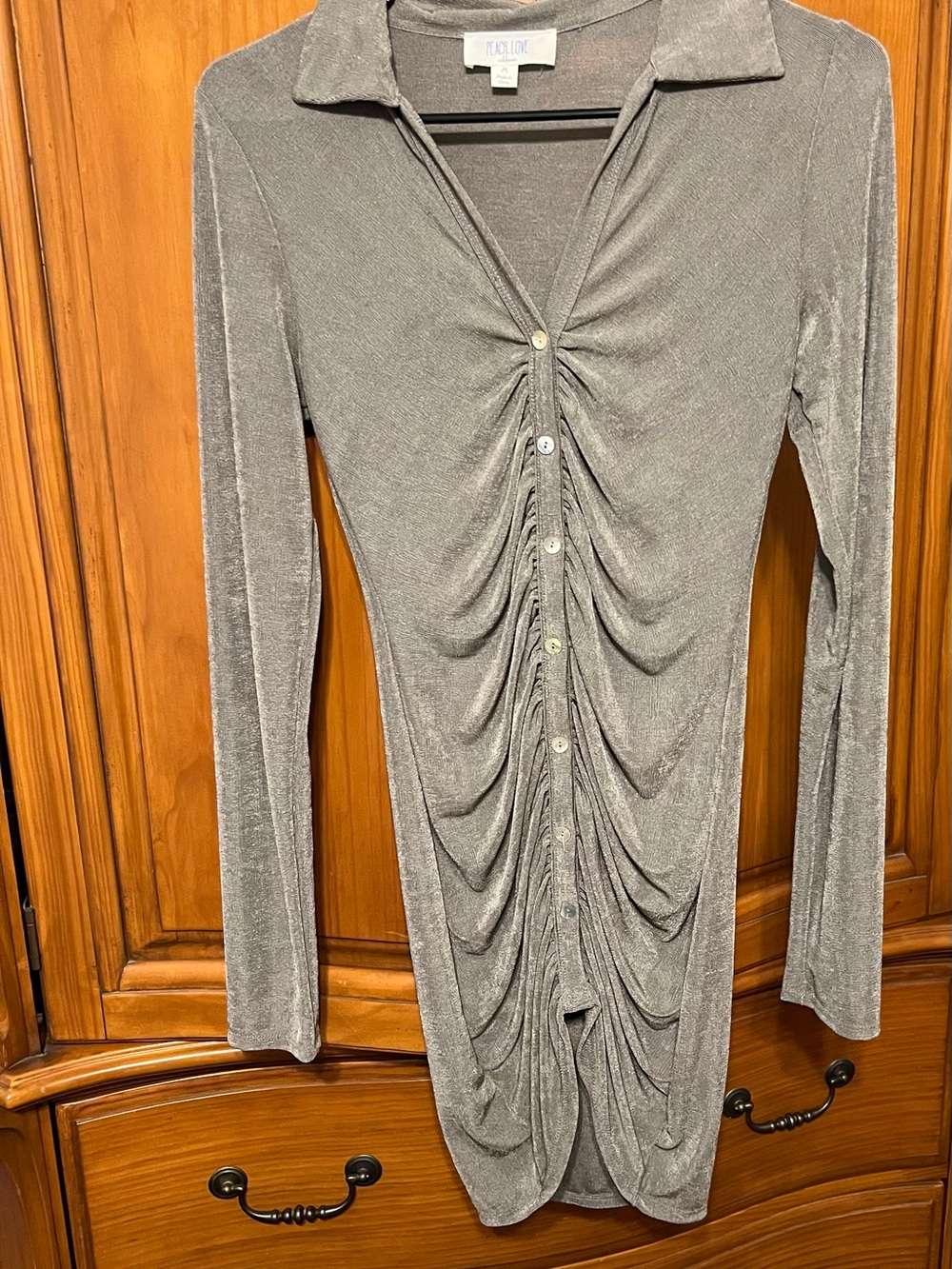 Peace Love World Silver Ruched Button-Front Long Sleeve Dress